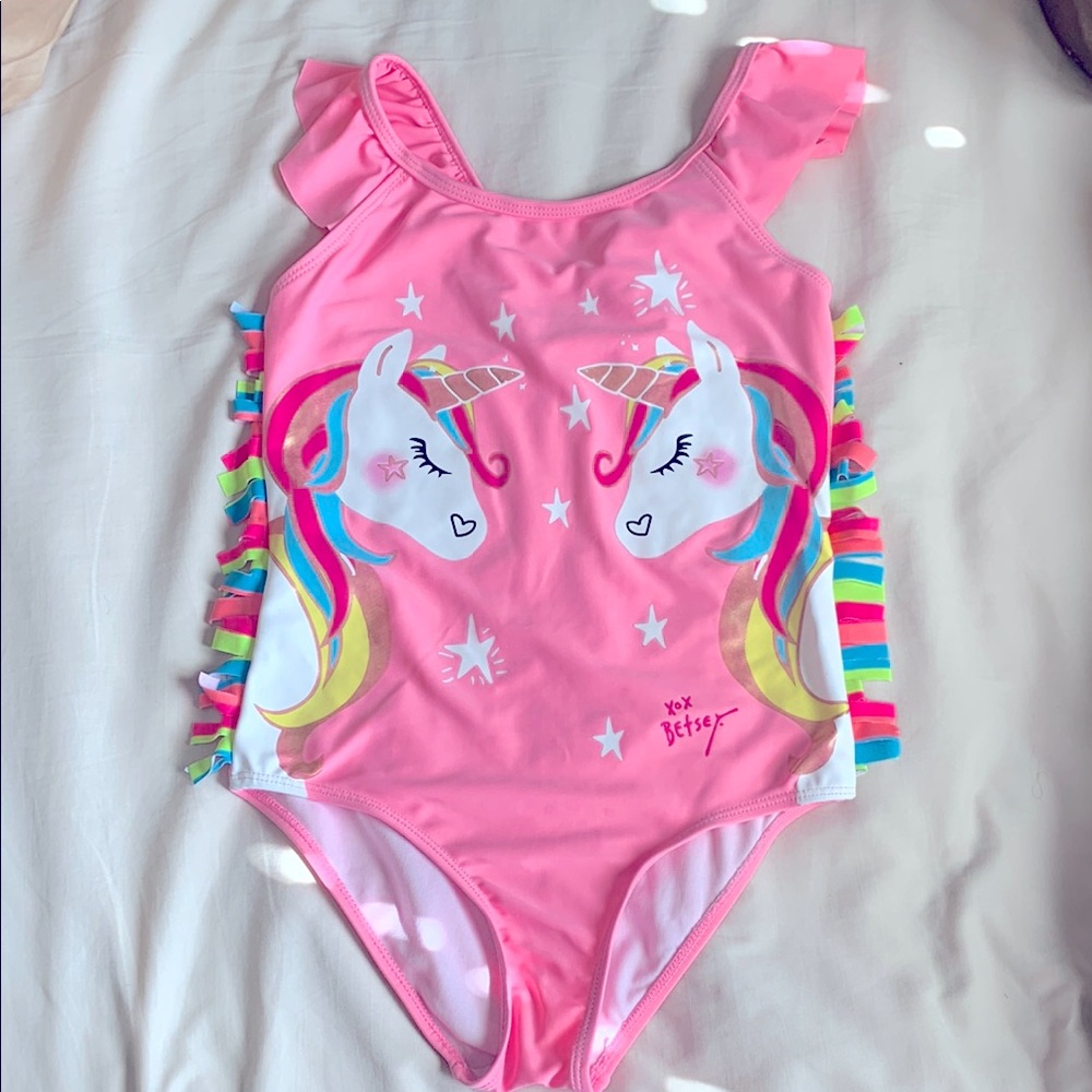 Betsey Johnson Pink Unicorn Swimsuit with Ruffle Details